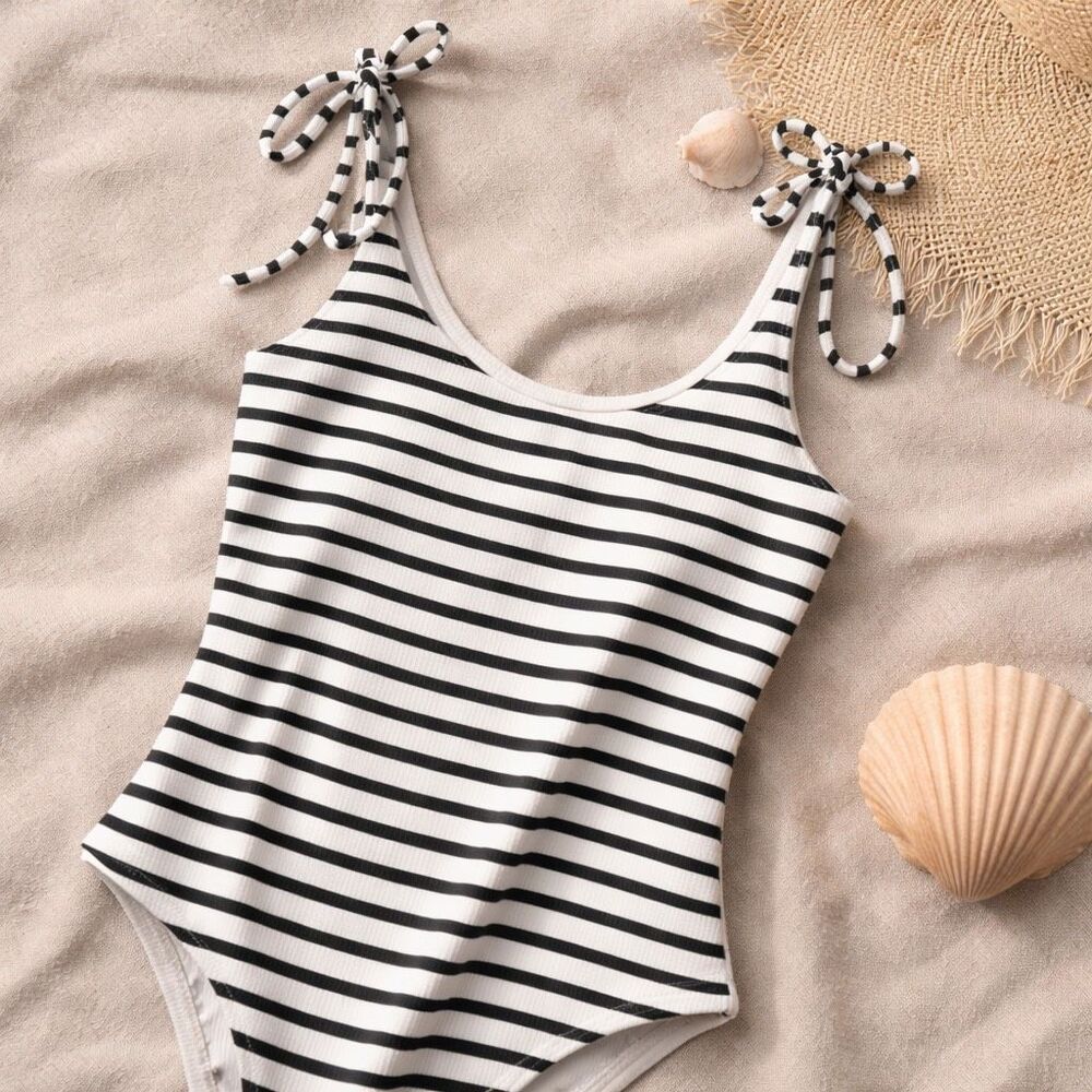 & Other Stories Ribbed Tie Shoulder One Piece Swimsuit Striped US 10 NWT - Picture 4 of 6